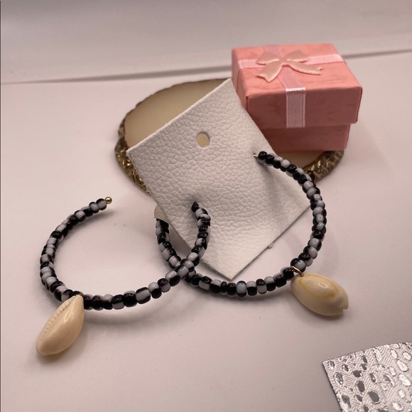 Free People Black And White Beaded Hoops - Picture 7 of 8